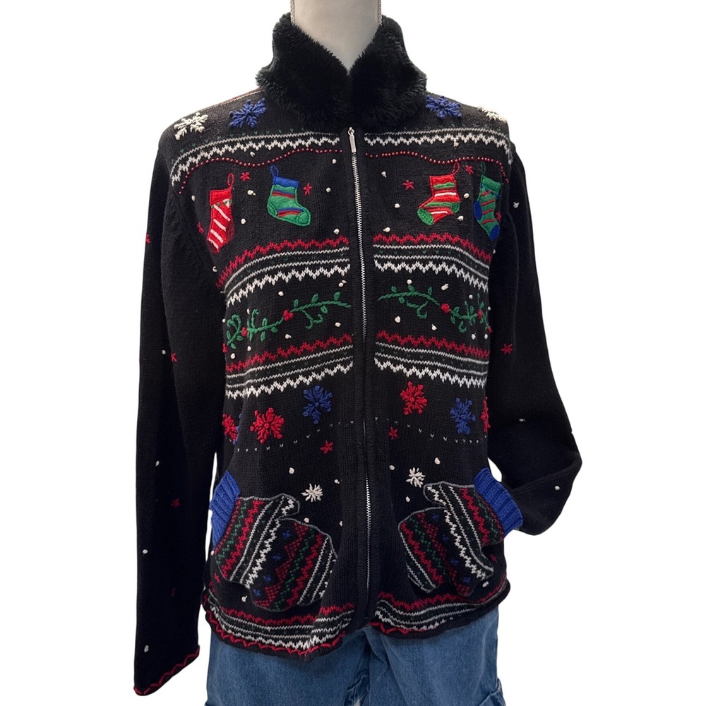 Vintage 90s Erika Black Full Zip Christmas Cardigan Sweater Faux Fur Collar L